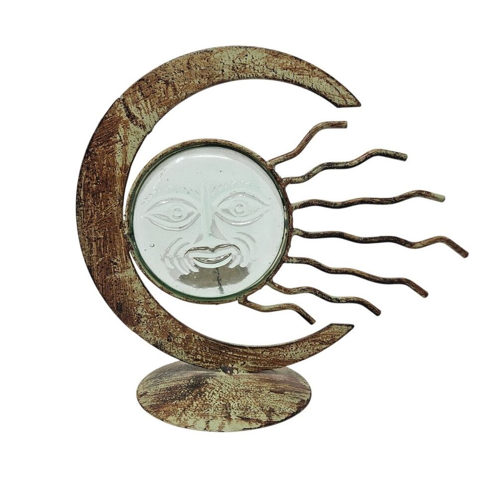 Vintage 90s Celestial Sun Moon Glass Candlestick Metal Whimsygoth Boho Whimsy